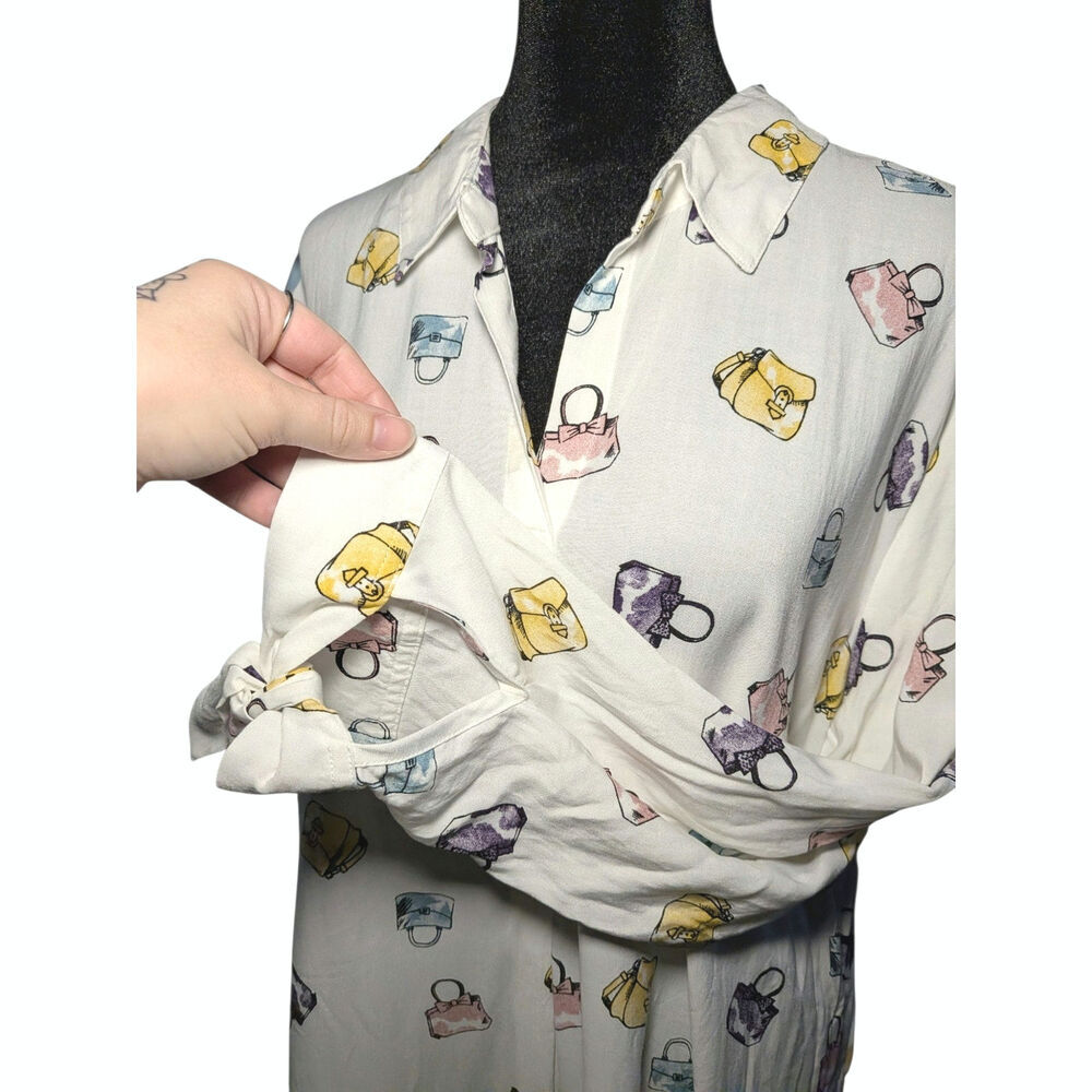 Como Black NWT Women's XL Purse Handbag Print White Shirt Tie 3/4 Sleeve Blouse - Picture 9 of 12